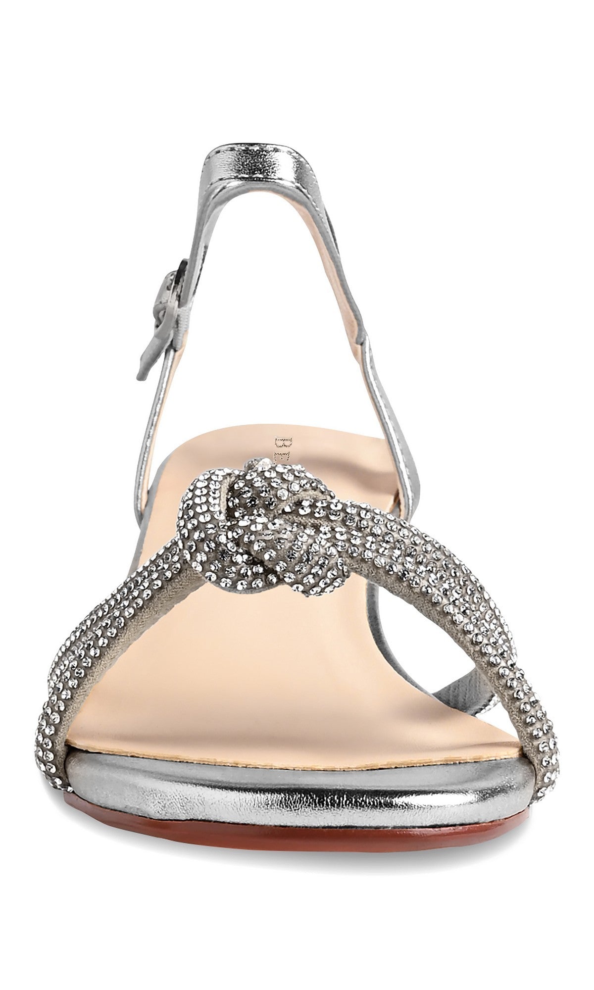 The Talulah Silver Prom Shoes: Touch Ups 4776 feature crystal-encrusted straps, an open toe, a knotted front, and an ankle strap with buckle—perfect low heel prom shoes shown from the front.